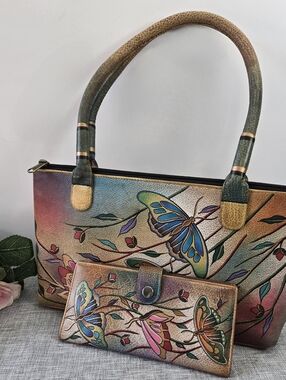 Anuschka Hand Painted Multi  Compartment Hand Bag & Wallet Butterflies Multicolo